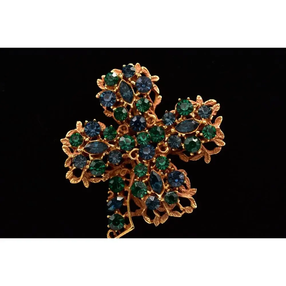 BSK Vintage Crystal Clover Pin Brooch Green Blue Rhinestone Gold Signed BinBG